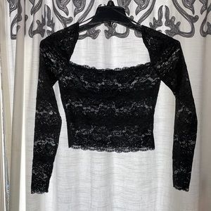 Guess Black Lace Long Sl Cropped Square Neck Top